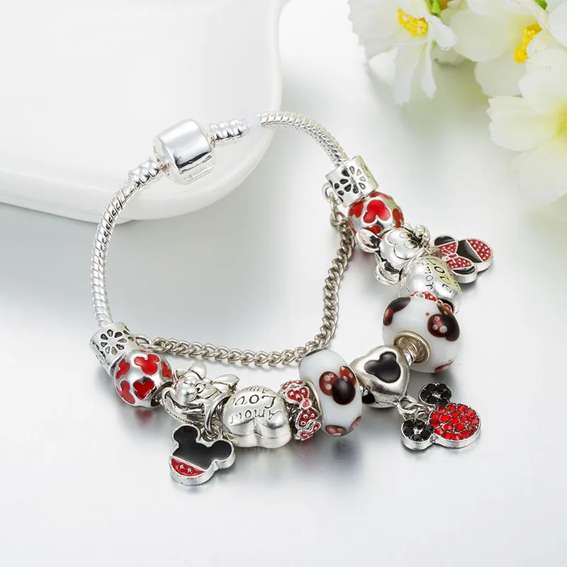 ANNAPAER Minnie Heart Charm Bracelet Bangle for Women Jewelry DIY Mickey Pendant Fit Original Gifts B19003|Браслеты с шармами| |