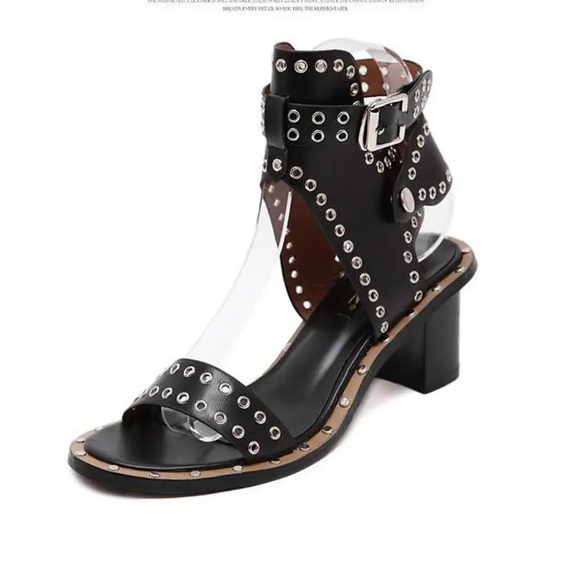 

New Summer Style Woman Fashion Ankle Strap Rome medium heel Shoes Rivets Square Sandals