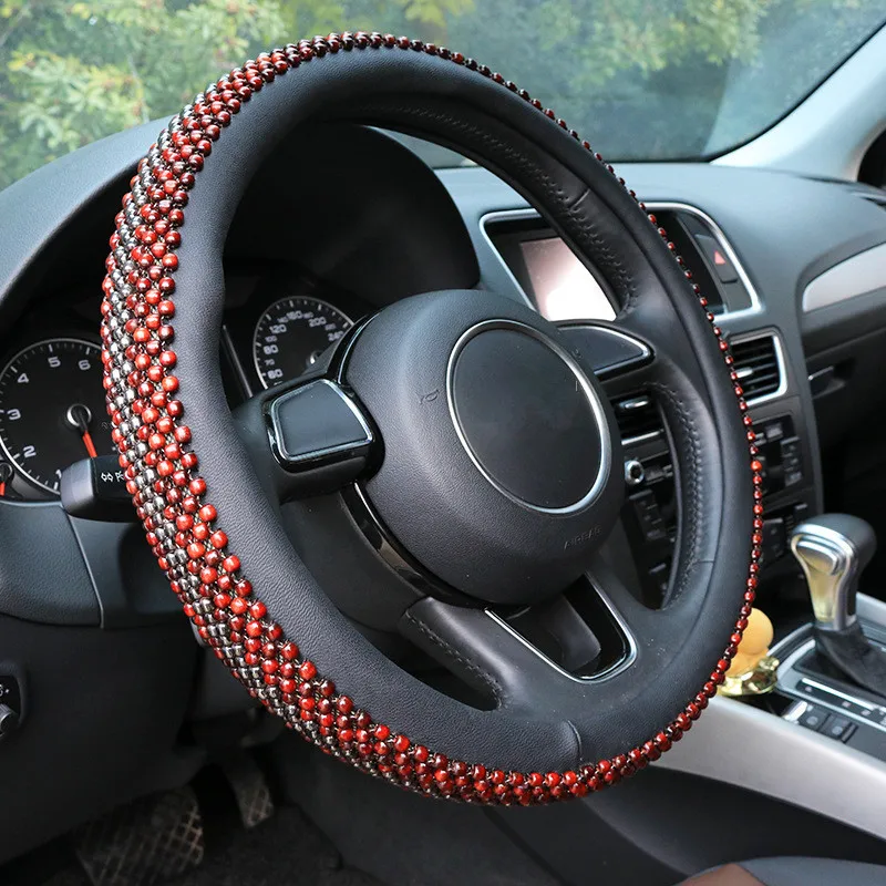 38cm Universal Wooden Red Beads Car Steering Wheel Cover Anti Slip