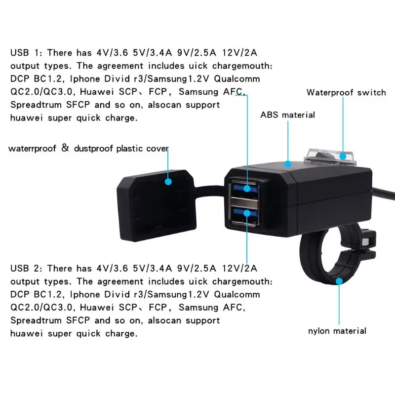 

Waterproof Motorbike Motorcycle Handlebar Mirror QC 3.0 Dual USB Fast Charger With ON OFF Switch for iPhone Samsung Tablet GPS