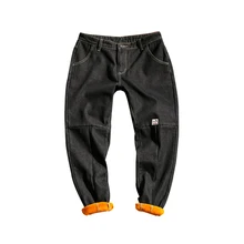 Мужская одежда Зима Новые XL Свободные повседневные Прямые брюки плюс бархат утолщение талии теплые мужские черные джинсы M-5XL