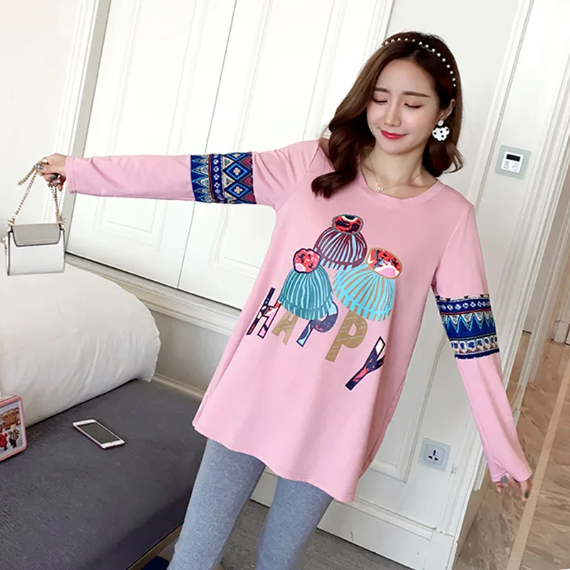 

Winter Maternity Fashion Loose O Neck Long Sleeve Plus Velvet Fleece Thick Warm Printing Long T Shirt Tees Pregnant Women Shirts