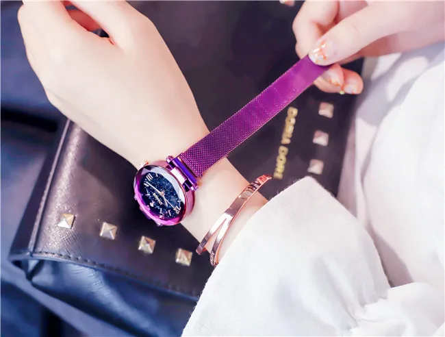 Популярные женские часы модные элегантные с магнитной пряжкой таинственные Фиолетовые женские наручные часы звездное небо римские цифры подарок часы