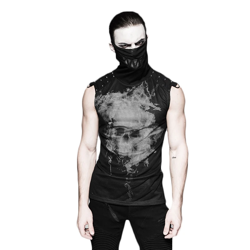 

Blue Black Gothic Pattern Street Men's Shirt T-shirt Printed Skull Punk Backless Ghost Head Teeth Turtelneck Sleeveless Casual