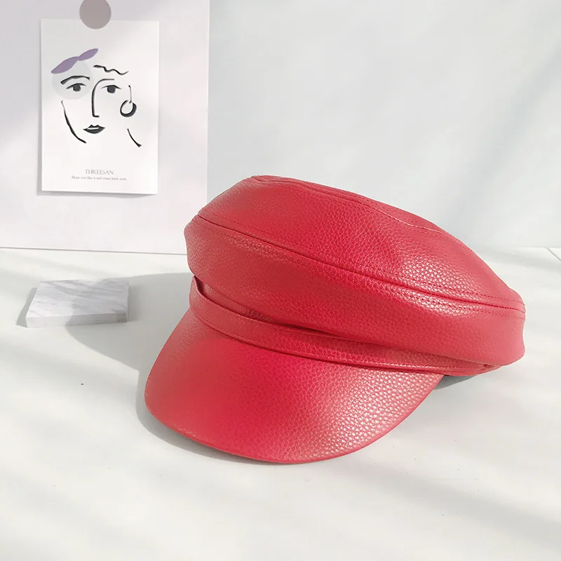 USPOP осенние шапочки, женские шапки из ПУ кожи, винтажные одноцветные военные кепки с плоским верхом, Кепка с козырьком из ПУ - Цвет: Красный
