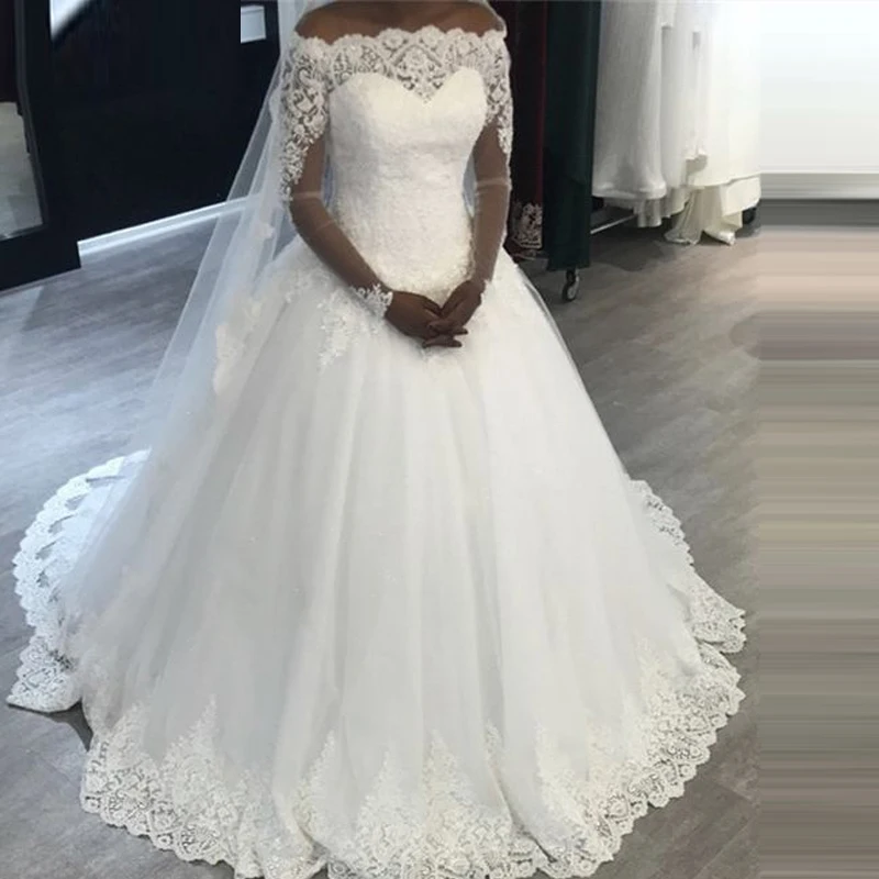 2019 арабский плюс размеры бальное платье свадебное с длинным рукавом бусины лодка средства ухода за кожей шеи принцесса свадеб