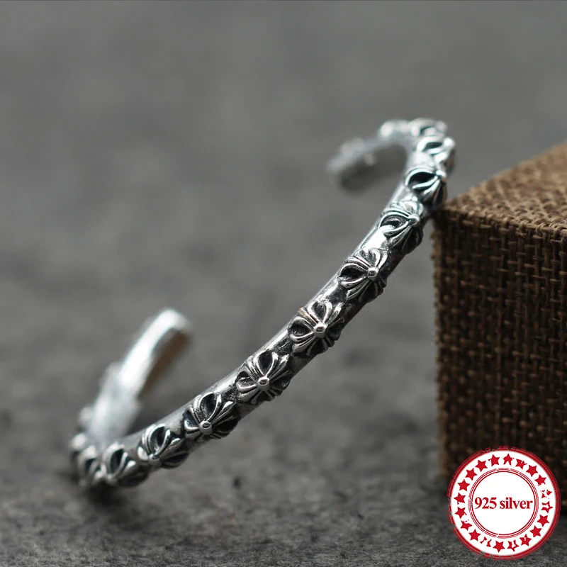 

S925 sterling silver men's bracelet personality retro domineering fashion punk style hip-hop cross flower shape gift to Bangles