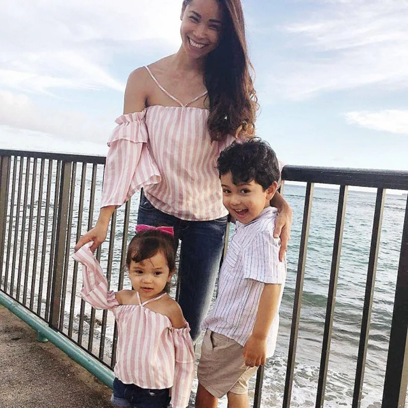 

Summer Family Matching Tee Shirts Top Clothes Off Shoulder Stripe Crossed Strap Jacket Mommy and Mini Me Clothes Mom Baby Dress