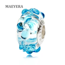 MAEYERA 925 пробы серебряные бусины лэмпворк Голубое озеро вращающиеся из муранского стекла с изображением цветка бусины для европейских браслетов 920245