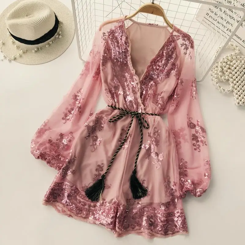 

Women Gauze Long-sleeved V-neck Embroidery Sequins Sexy Perspective High Waist Thin Wide-legged Jumpsuits Playsuits D485