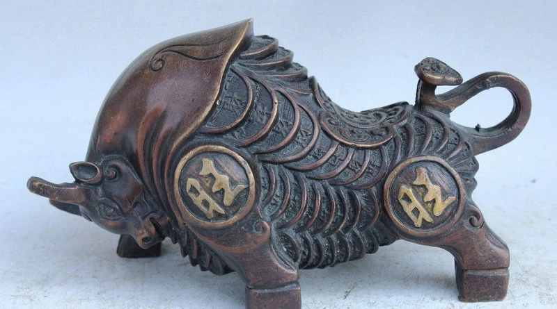 

8" Chinese FengShui Bronze Gilt Wealth Coin Wang OX Bull Strong Animal Statue