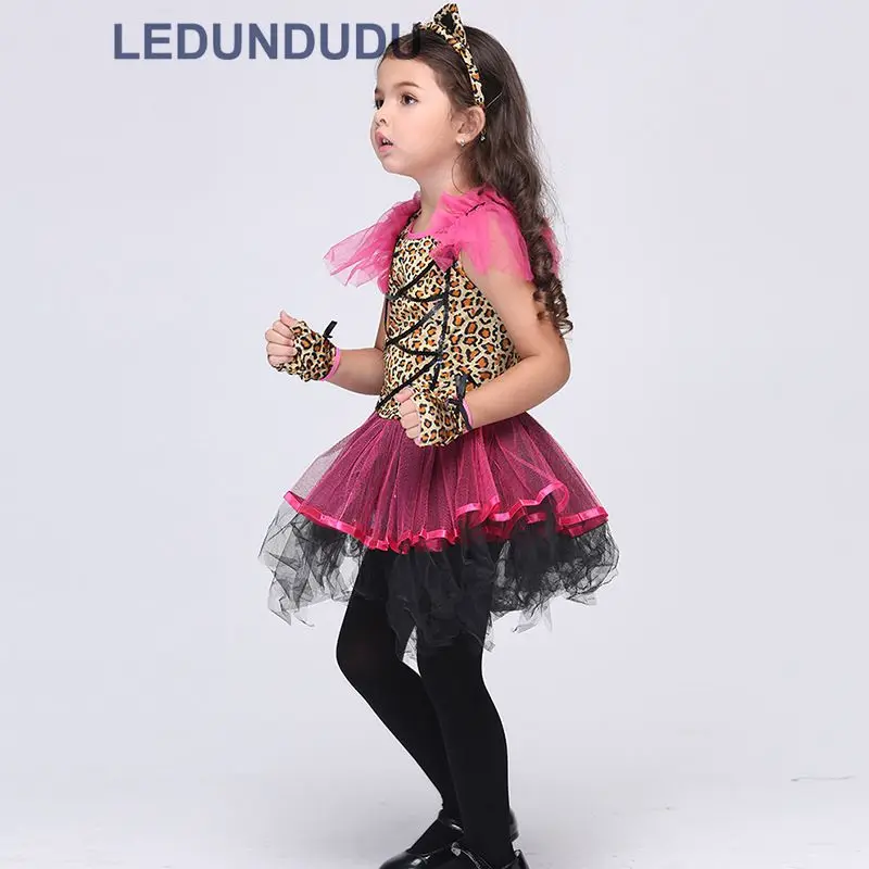 Kids Leopard Tiger Cute Girls Lace Dress Funny Catwoman Cosplay Lovely Cat Children Ballet Dresses Halloween Costumes  (1)