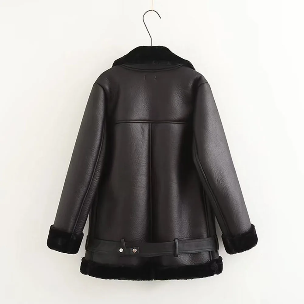 price cut Apperloth 2018 Winter Women PU Leather Jacket Full Sleeve Zippers Turn-Down Faux Rabbit Hair Motorc