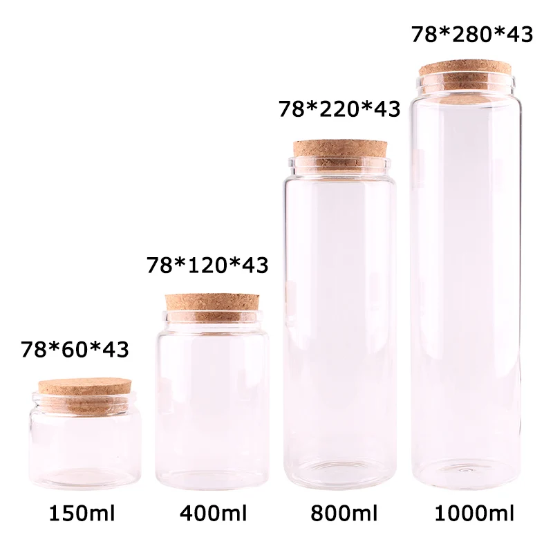 

4pcs Dia 78mm 200ml/400ml/800ml/1000ml Large Transparent Food Nuts Glass Storage Bottles Terrarium with Cork Stopper