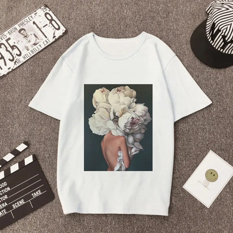 Большие размеры, женская летняя модная повседневная футболка с принтом, Женские топы с цветочным принтом и перьями, свободные топы с коротким рукавом и круглым вырезом, футболки, Camisetas Mujer