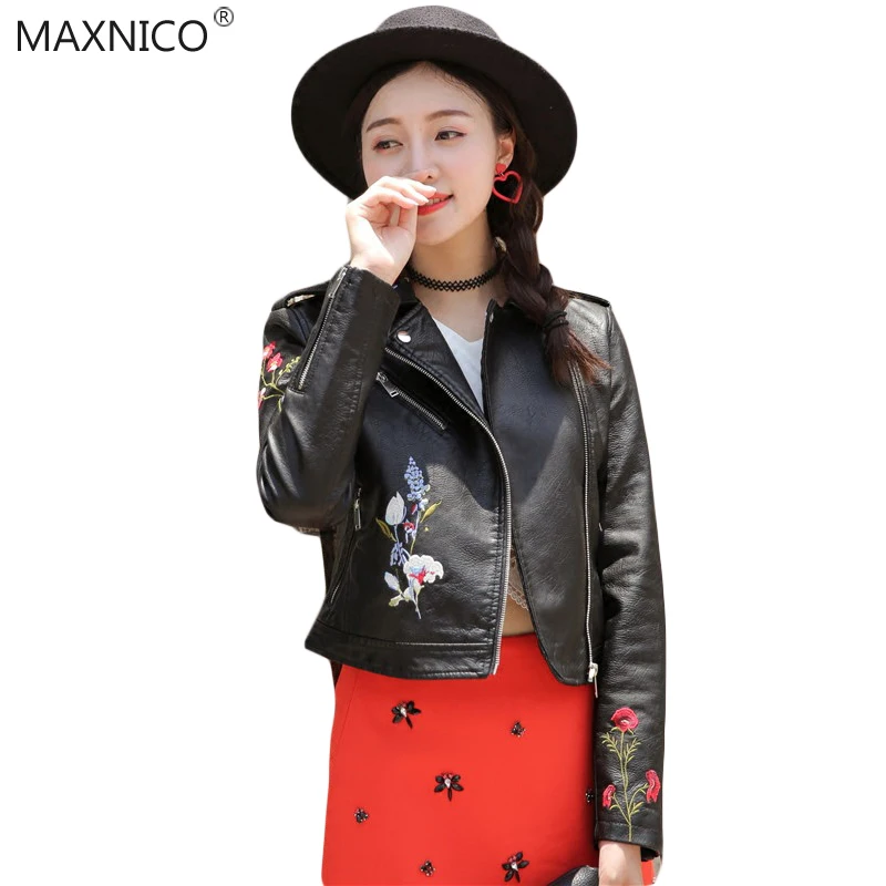 MaxNico New 2017 Fashion Wome font b Jacket b font Coat PU Leather Embroidery Long Sleeve