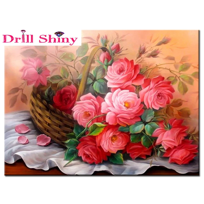 

DIY 5D Diamond Mosaic Pink Rose Basket of Flowers Painting Rhinestones Diamond Cross Stitch decoration