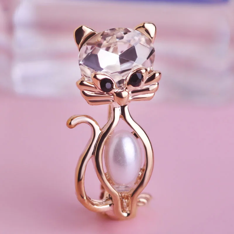 

Pearl Zircon Cat Brooches Crystal Wedding Jewelry Bouquet Accessories Corsage Pin Up Animal Broches Cats Women Collar Clip