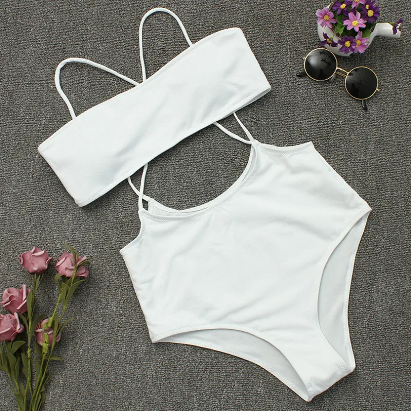 

Fashion bandeau two-piece suit solid color sexy push high women's swimwear Tankini beachwear