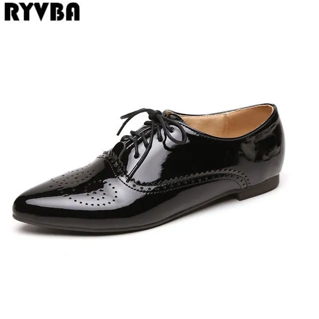

RYVBA Women lace up flats 2019 new arrived spring summer fashion patent PU flat shoes ladies woman pointed toe work casual shoes