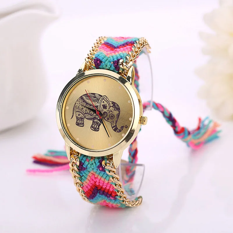 Рисунком Слона плетением Веревка Группа браслет кварц Dialwatch аналоговые кварцевые Для женщин часы-браслет