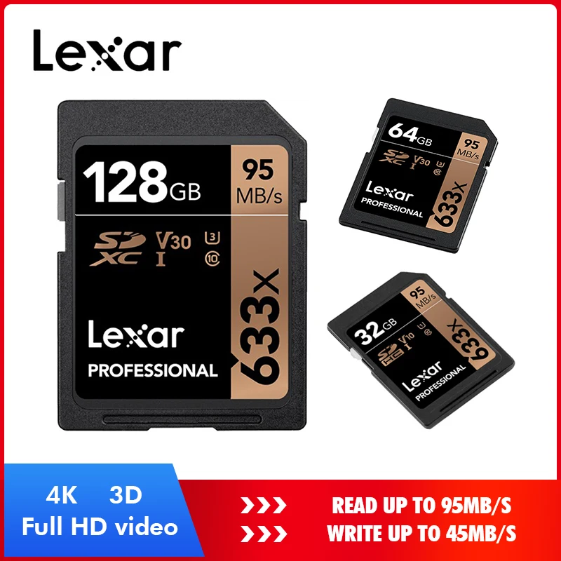 Высокая скорость Lexar 32 ГБ, 64 ГБ, класс 10 SD карта SDHC/SDXC карты памяти SD карты 128 ГБ 256 512G 95 МБ/с. для зеркальной однообъективной камеры/HD камера