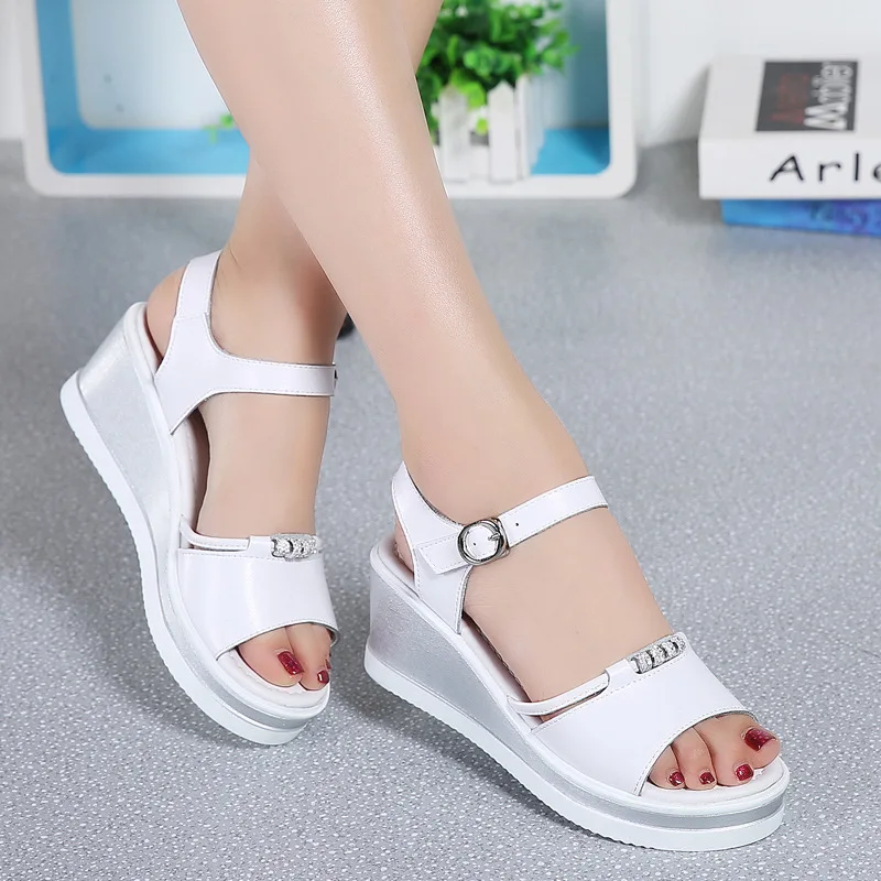 2019 Women Sandals White Flat Wedge Sandals Summer Ladies Peep Toe High ...