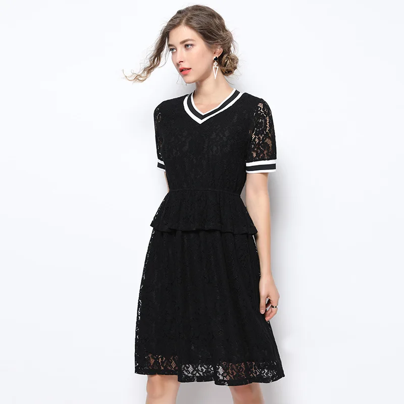 

2019 New Summer Black Lace Dress Women Clothes Large Size Loose Slim Korean Style Office Lady Women's Dresses Female