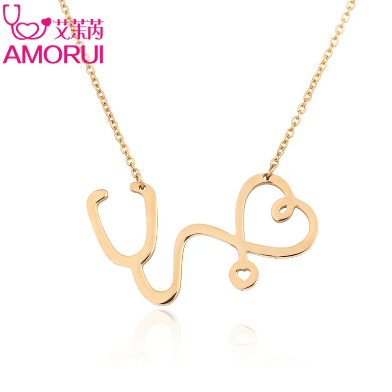 AMORUI Women Heart Necklace Jewelry Stainless Steel Medical Stethoscope Rose Gold/Gold/Silver Color Choker Necklaces Pendants
