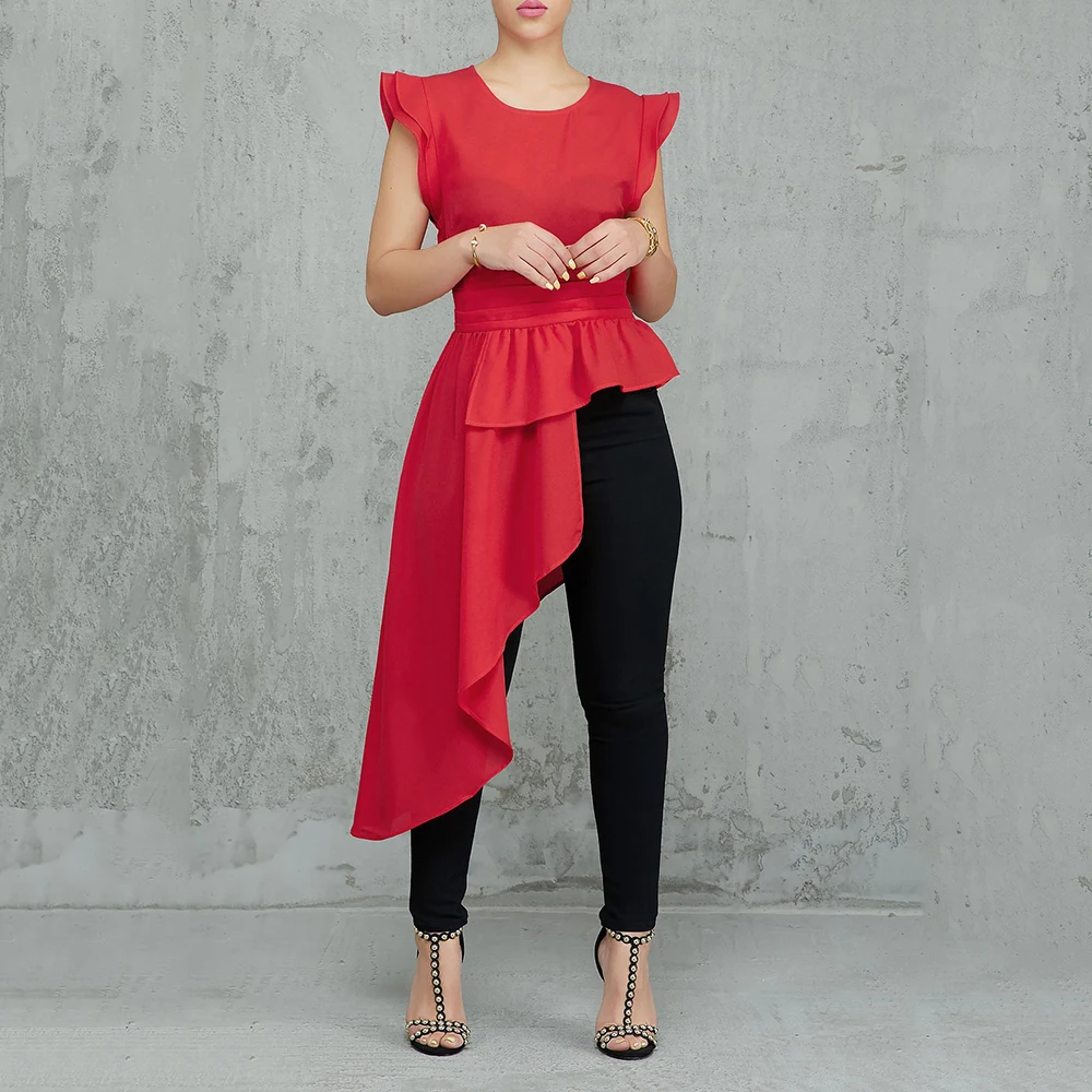 

2018 Women O-Neck Flouncing Ruffles Irregular Asymmetric Hem Slim Tops Blouse Shirt Tunic