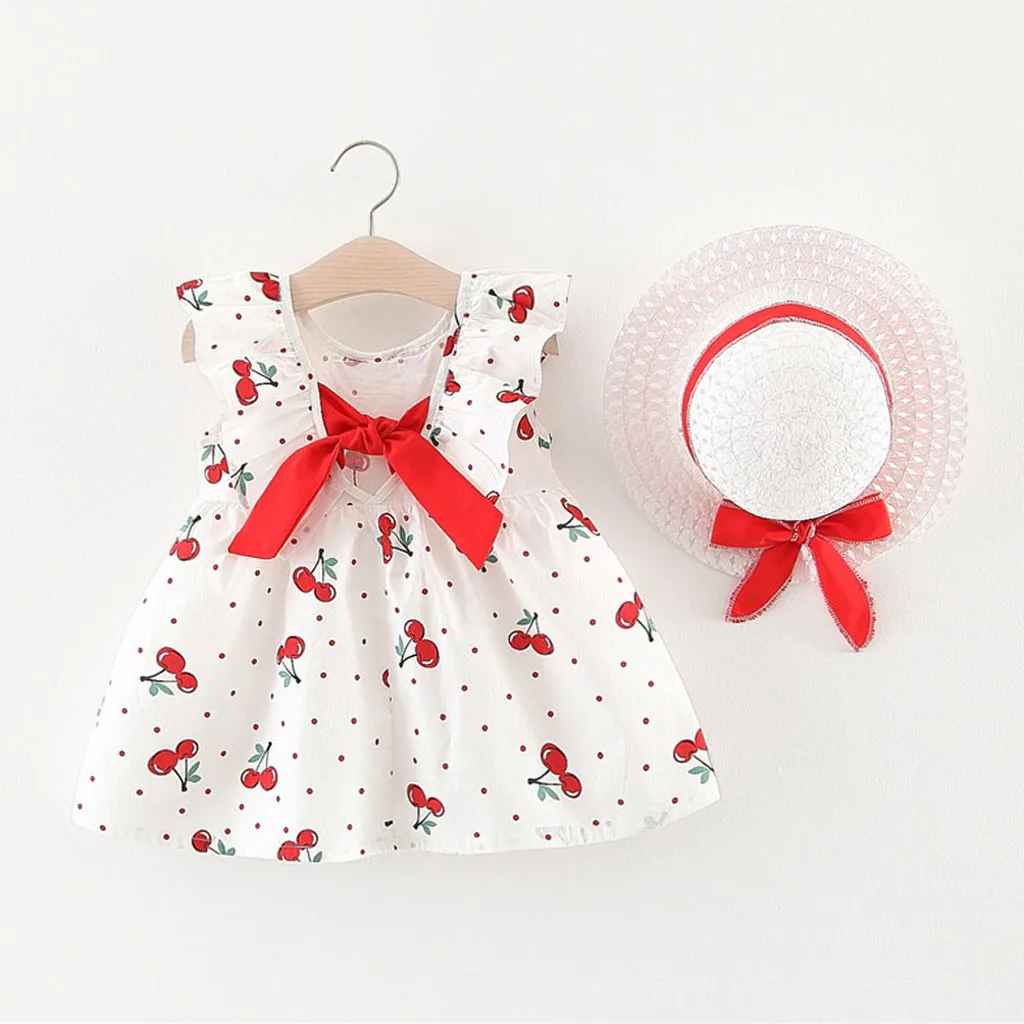Toddler Baby Kids Girls Sleeveless Cherry Dot Princess Dresses Bow Hat Outfit US