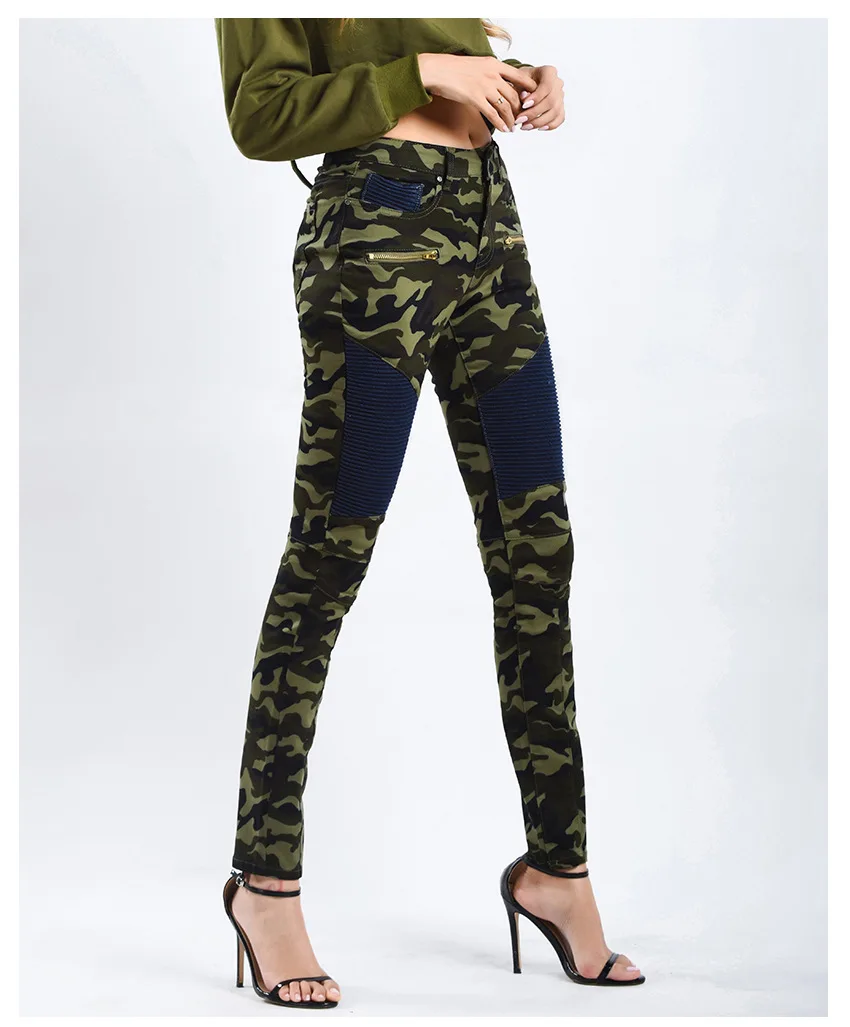 Motorcycle trousers for women stretch trim camouflage printed trousers with denim pencil trousers (10)