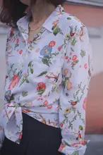 Ladies EQ 100% silk flower bird print women long sleeve shirt women soie blouse spring autumn