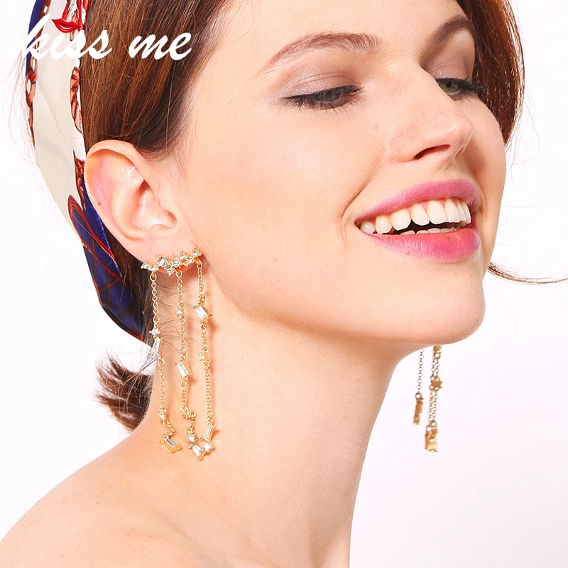 KISS ME Gold Color Alloy Long Tassel Dangle Earrings New Design Clear Crystal Chandelier Women Bijoux | Украшения и аксессуары