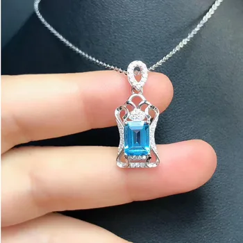 

DJ CH All-Natural Emerald Cut 6X8MM Genuine Aquamarine Pendant with Chain,Sterling Silver 925 Jewelry Gems Stone Pendant Charms