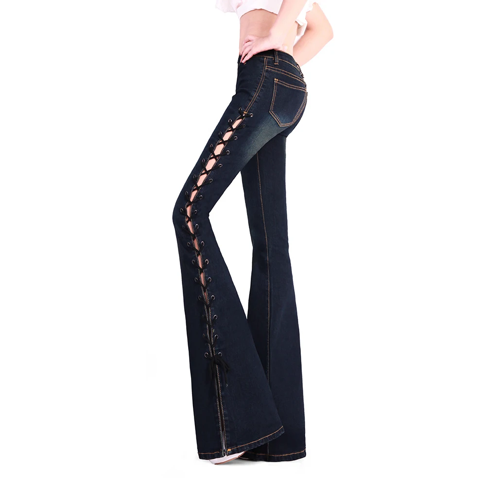

Women's String Style Super Flare Leg Jeans Spring Summer Woman Slim Bell Bottom Jeans Pants Ladies Blue Wide Jean Big Size