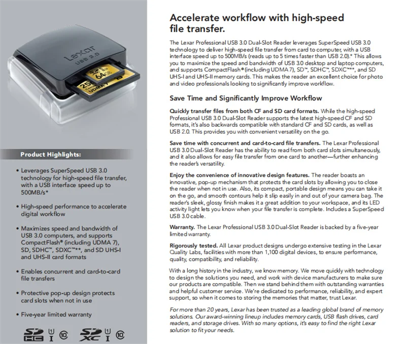 Новинка! Lexar Professional 2 в 1 USB 3,0 двухслотовый считыватель, высокоскоростной USB3.0 профессиональный кардридер для SD SDHC SDXD CF карты