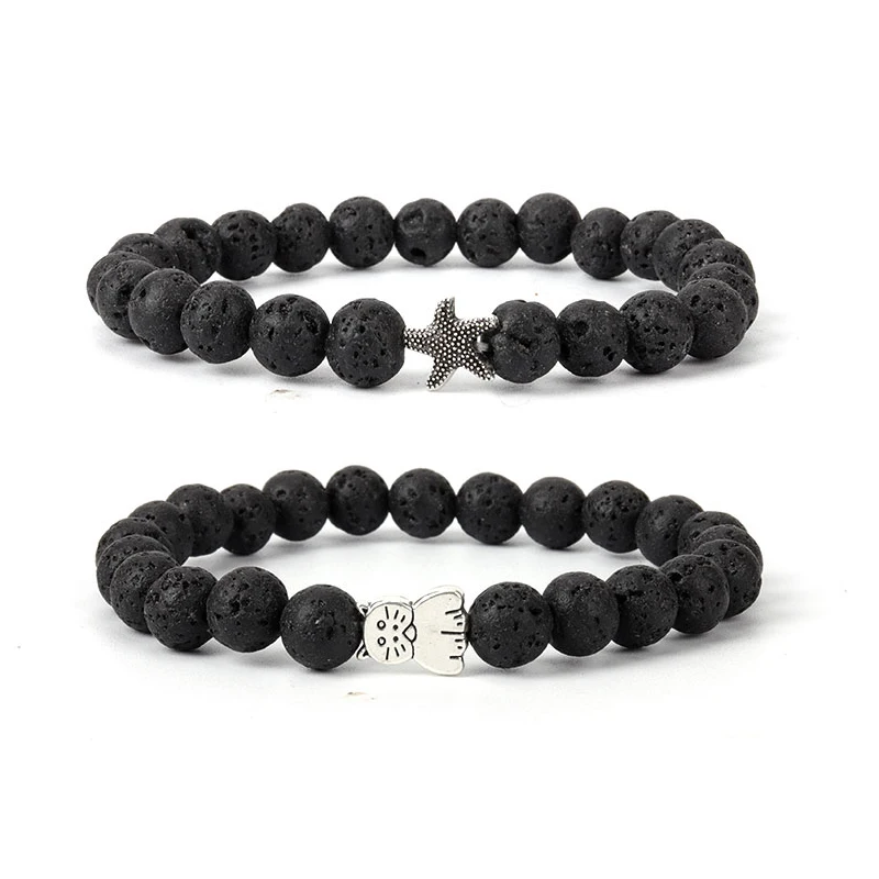 

Natural Black Volcanic Lava Matte Stone Bracelet Alloy Cross Starfish Cat Bee Beaded Bracelets For Women Men Jewelry Pulseras