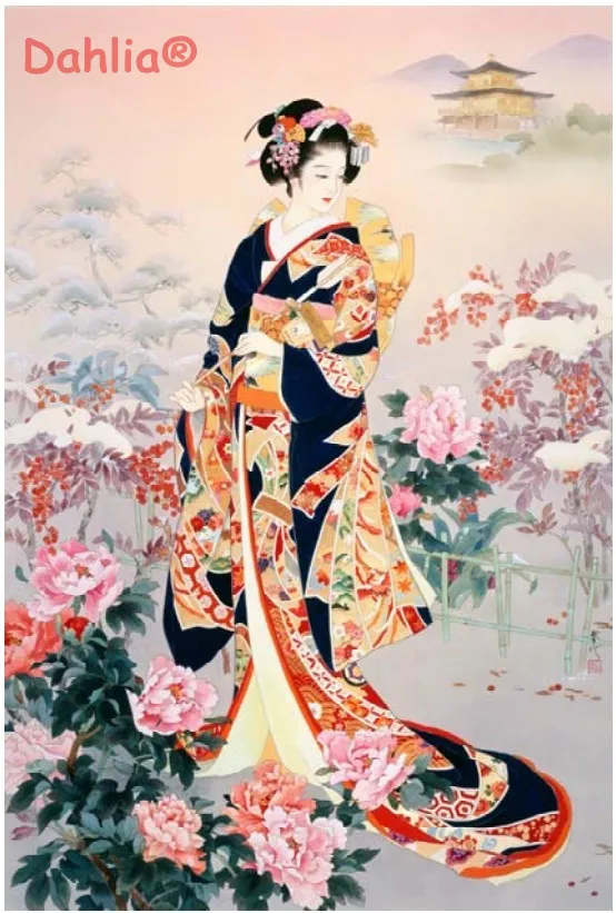 

Peony Japanese kimono people Handmade Needlework Embroidery DIY DMC Cross Stitch Kits Crafts 14CT Unprinted Home decor wall Arts