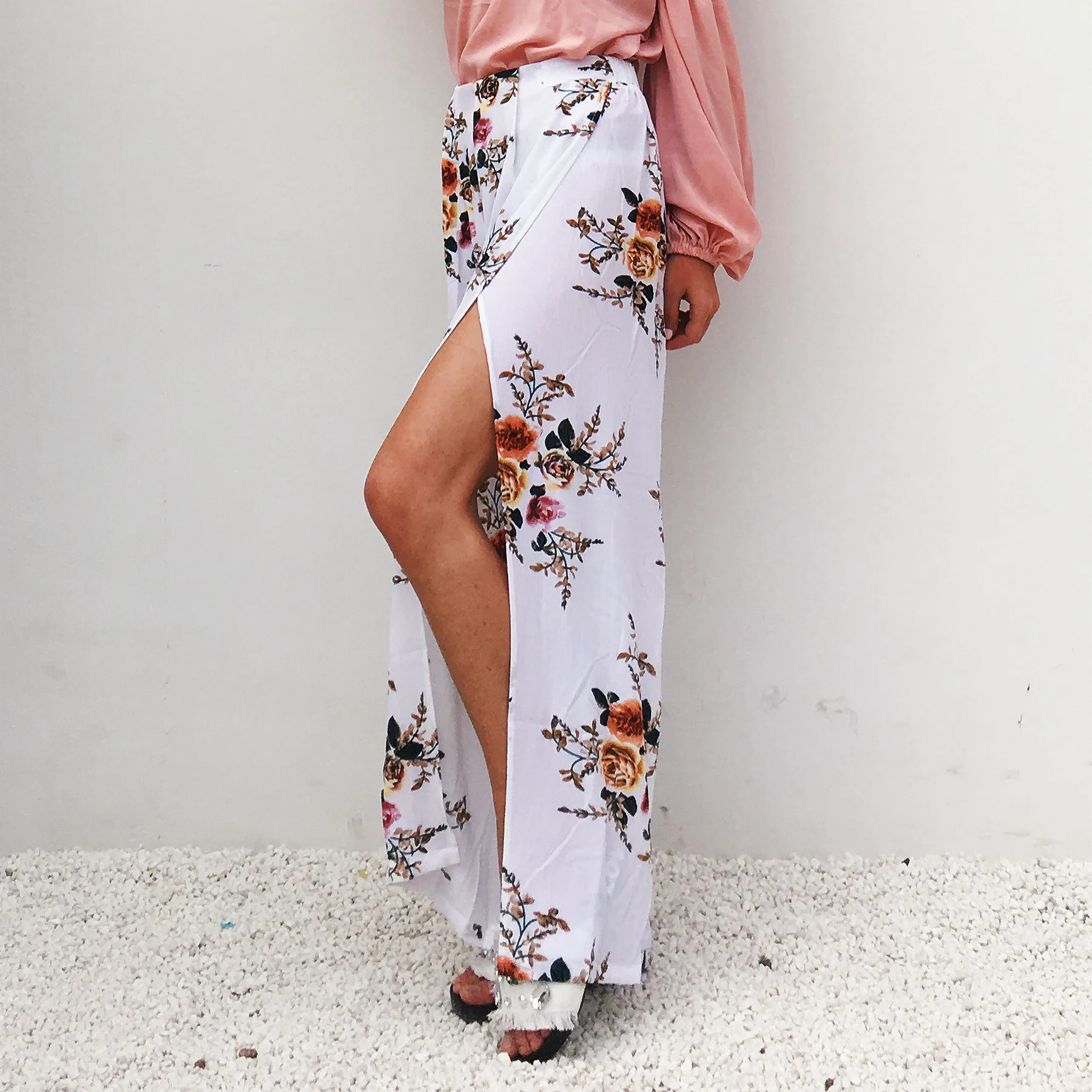 

Summer Chiffon Printed Slit Loose Casual Beach Style Women Wide Leg Pants