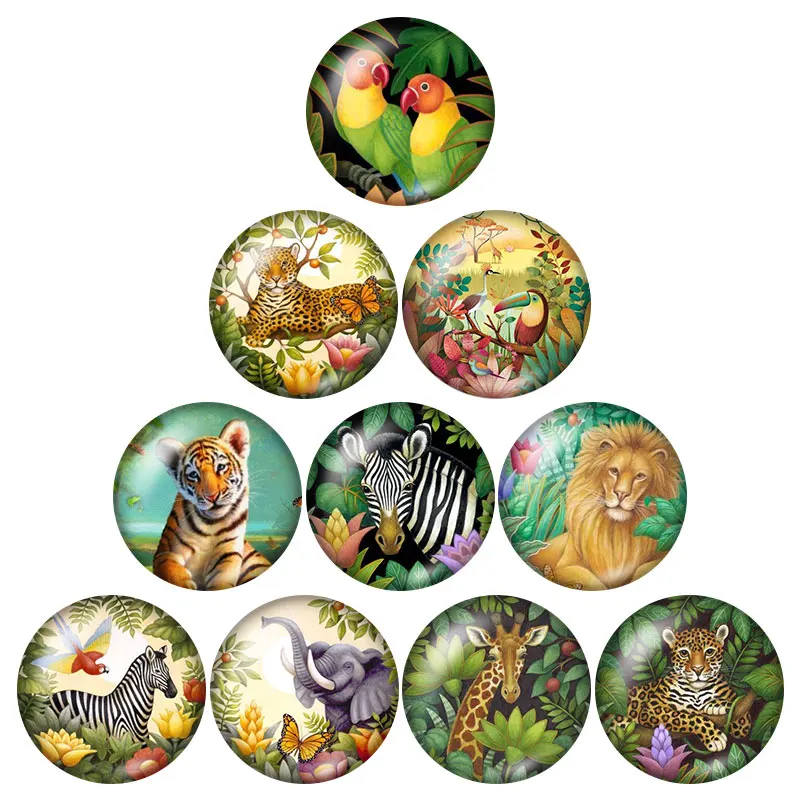 

New Beauty forest Animals Tiger Birds 10pcs mixed Round 18mm/20mm glass cabochon&snap buttons DIY jewelry wholesale ZB0572