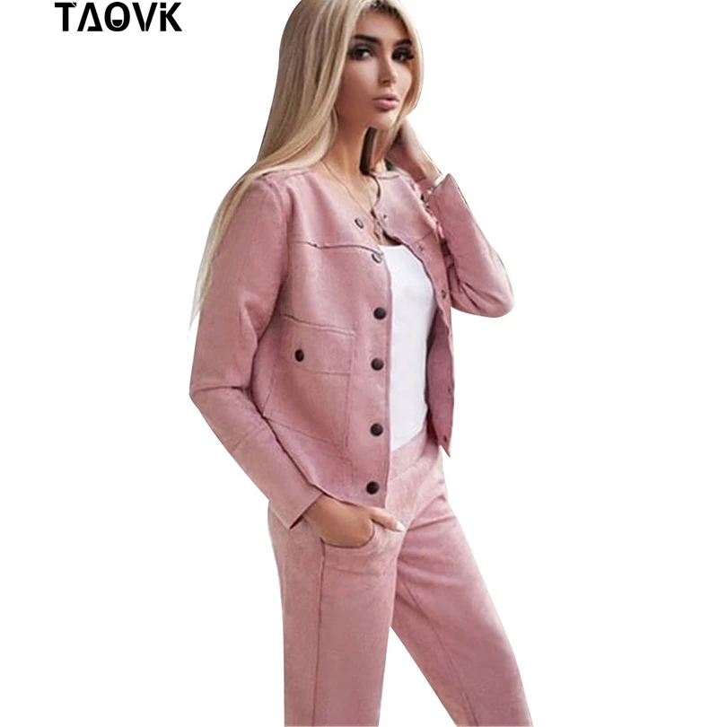 Acheter TAOVK femmes survêtement en daim simple boutonnage sans col veste + pantalon deux pièces ensemble femme Streetwear costumes