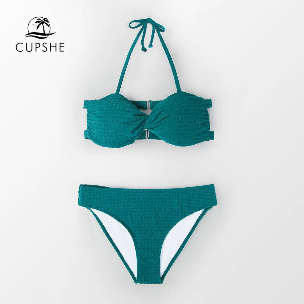 

CUPSHE Solid Green Twist Bandeau Low waist Bikini Sets Women Push Up Thong Triangle Two Pieces Swimwear 2018 Ruched Swimsuits