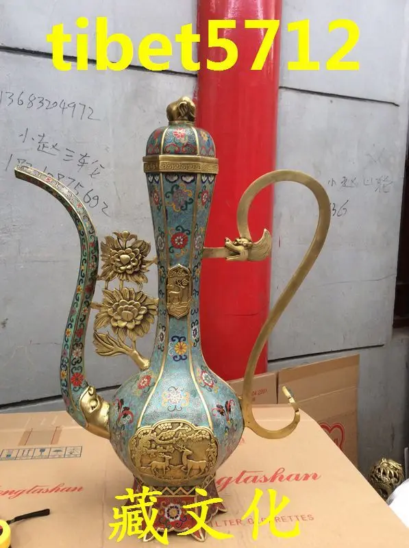 2" бронзовый цветные перегородчатой дракон статуя оленя цветок бутылка чайник 61 см высокий Сад Украшения реальная Тибетских Серебро Латунь