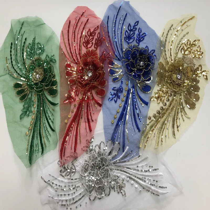 

2pcs 3d Sequin Flower Embroidery Patches Mesh Fabric Embroidered Applique Sewing On Clothing Dance Dress Patches Gold Blue Diy