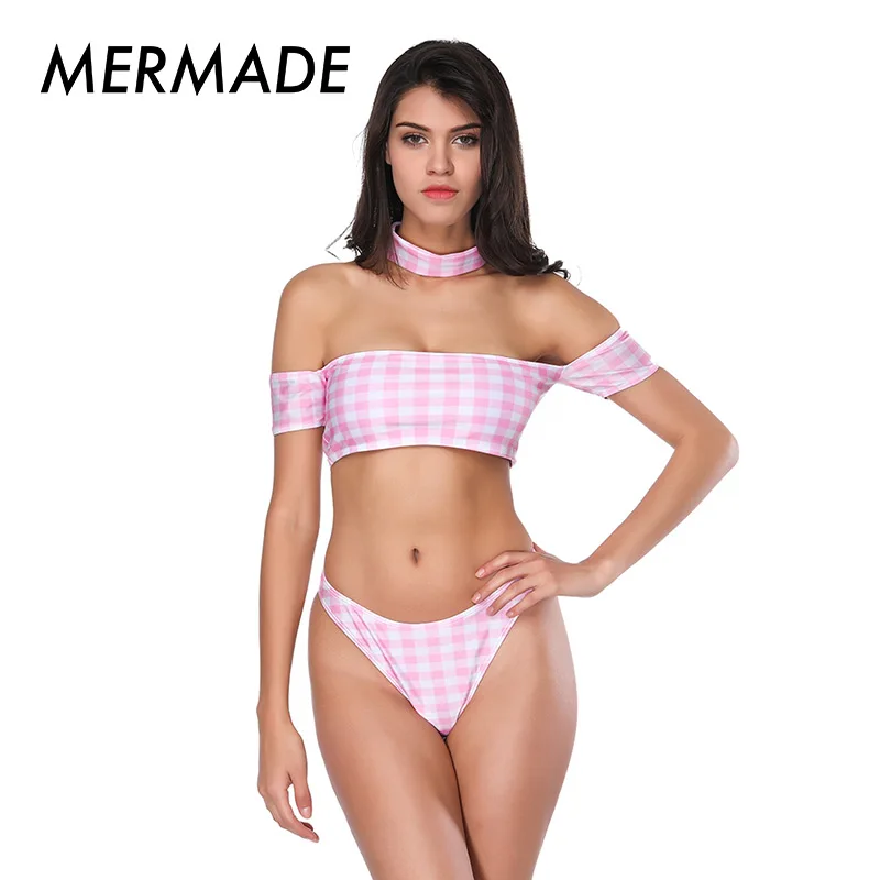 2018 New Sexy Bikini Women Swimsuit Tube Top No Rims Pink and White Plaid High Waist MERMADE SW7047 |