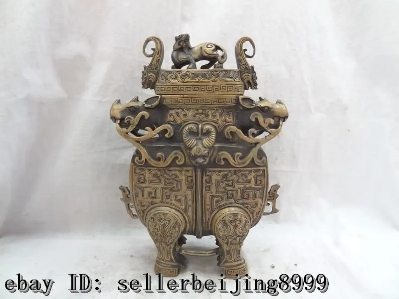 

fast ship 10" Chinese Bronze FengShui Dragon Phoenix Unicorn Sheep Zun Bull Statue Box Pot