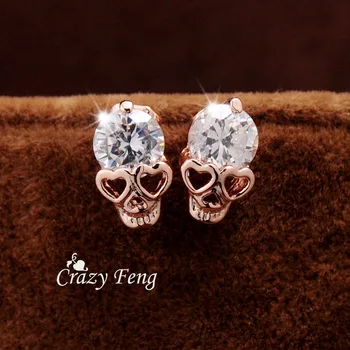 

Free shipping New arrival Women's Fashion Yellow Gold Color CZ Crystal accessories Skull Pierced Stud Earrings Jewelry Gifts