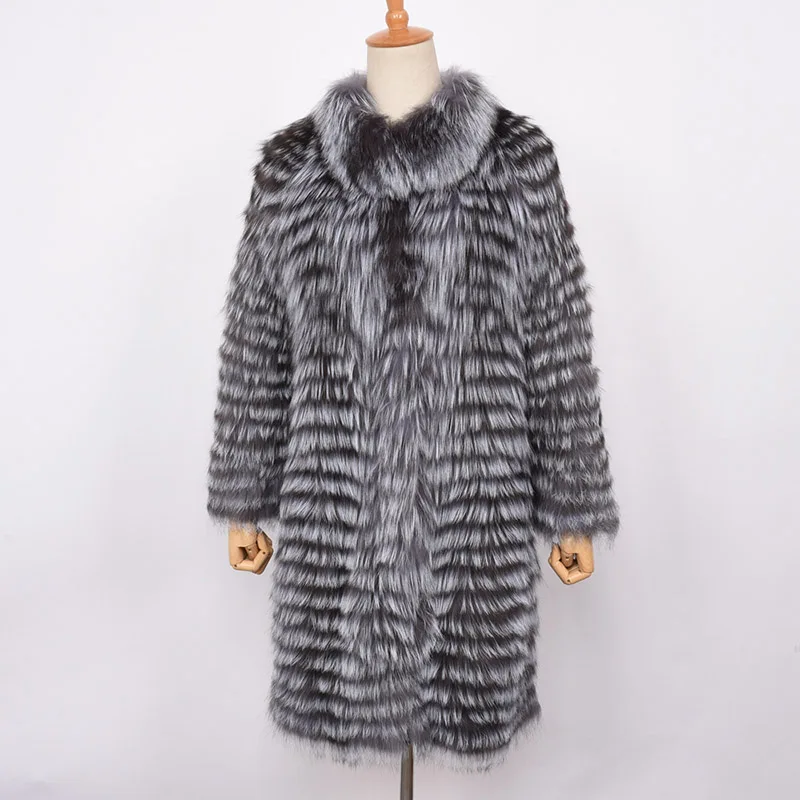 Дизайн, женское вязаное длинное пальто из натурального меха серебристой лисы, роскошная верхняя одежда из натурального меха, женская верхняя одежда высшего качества S7384 - Цвет: Silver