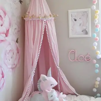 

Nordic Kids Room Mosquito Net Ins Style Fairytale Bed Curtain With Plush Ball Decoration Girls Nursery Room Dome Hanging Canopy